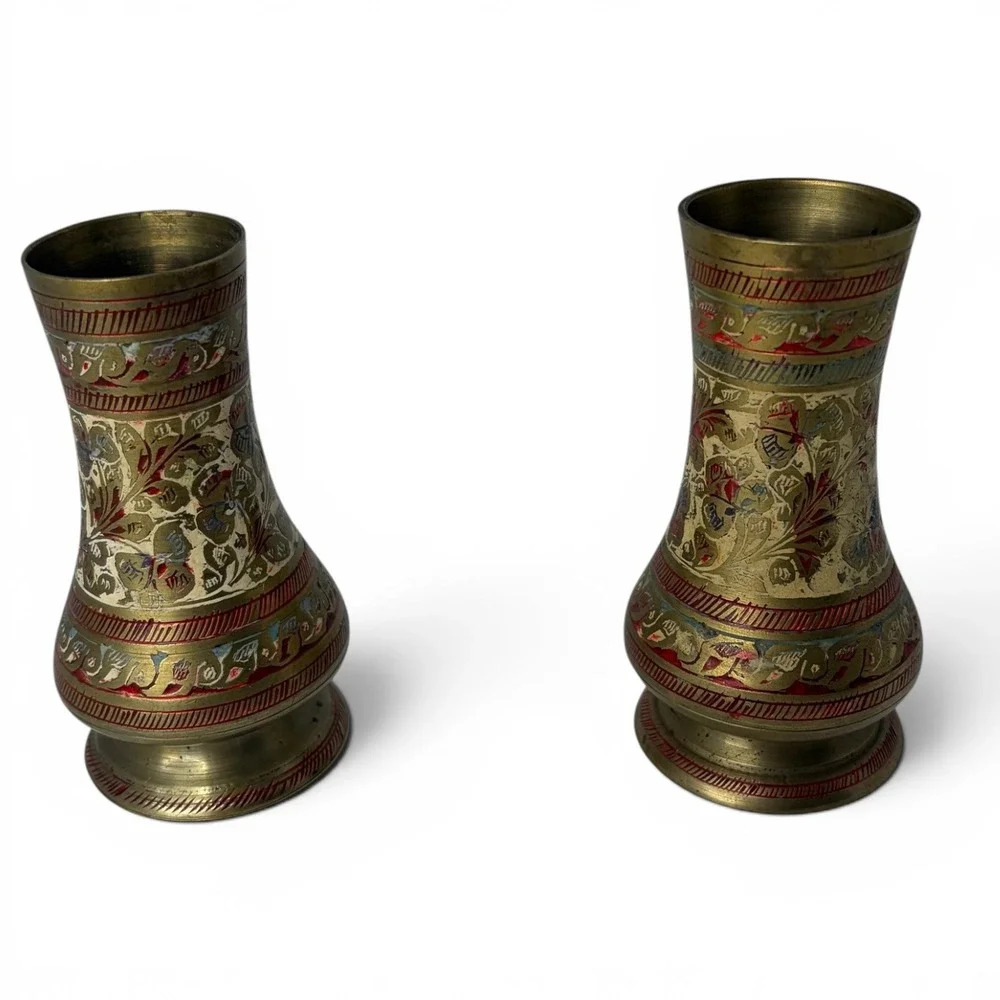 Vintage Engraved Brass Bud Vases Pair Indian Floral‎ Enamel Decor 4.25